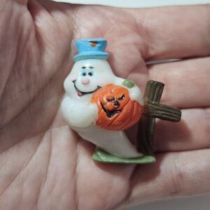 Vintage Halloween White Ghost With Pumpkin Brooch